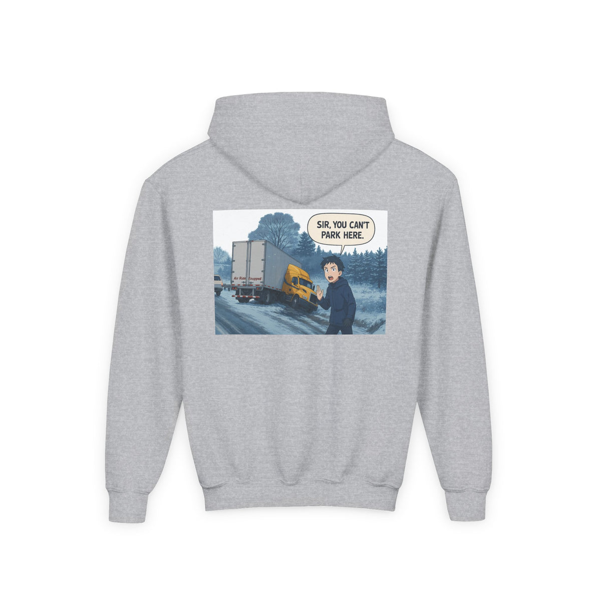 Kids' blue hoodie by Printify featuring a fun truck graphic, perfect for kids and teens casual wear.