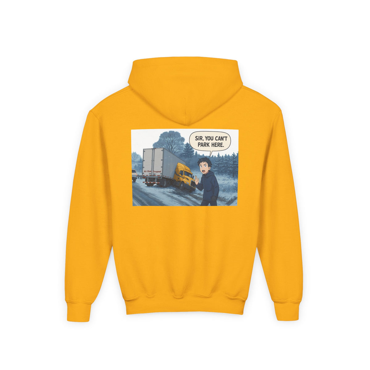 Kids' Carolina Blue hoodie by Printify featuring a fun truck graphic, perfect for kids and teens.