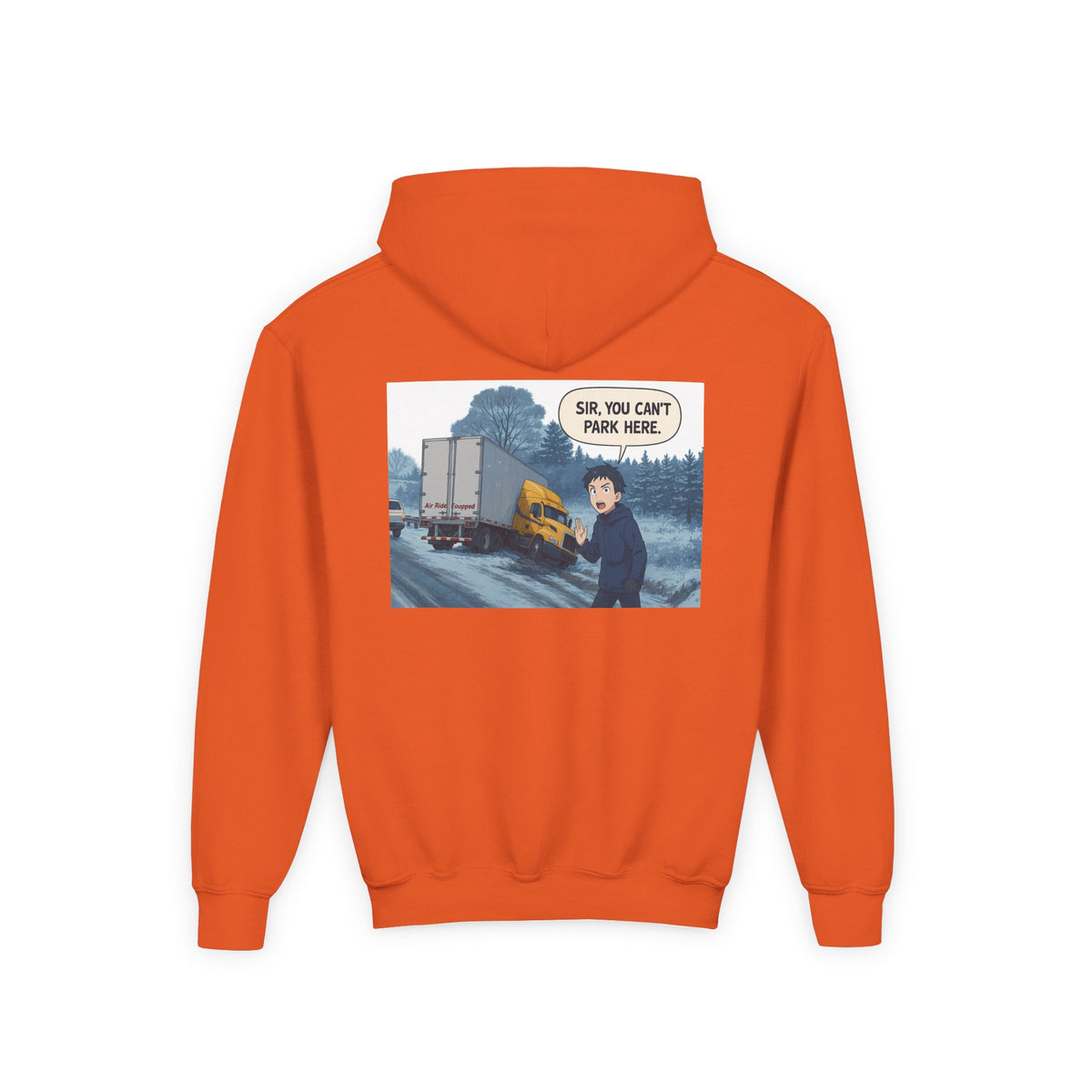 Kids' Carolina blue hoodie by Printify featuring a fun truck graphic, perfect for kids and teens in casual, comfortable style.