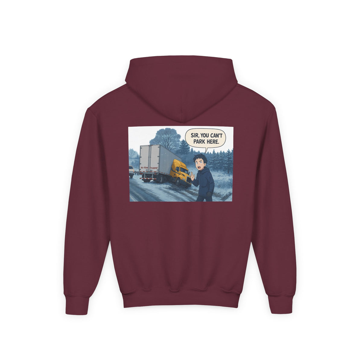 Kids hoodie by Printify featuring a fun truck graphic, perfect for kids and teens, in Carolina blue, casual youth clothing.
