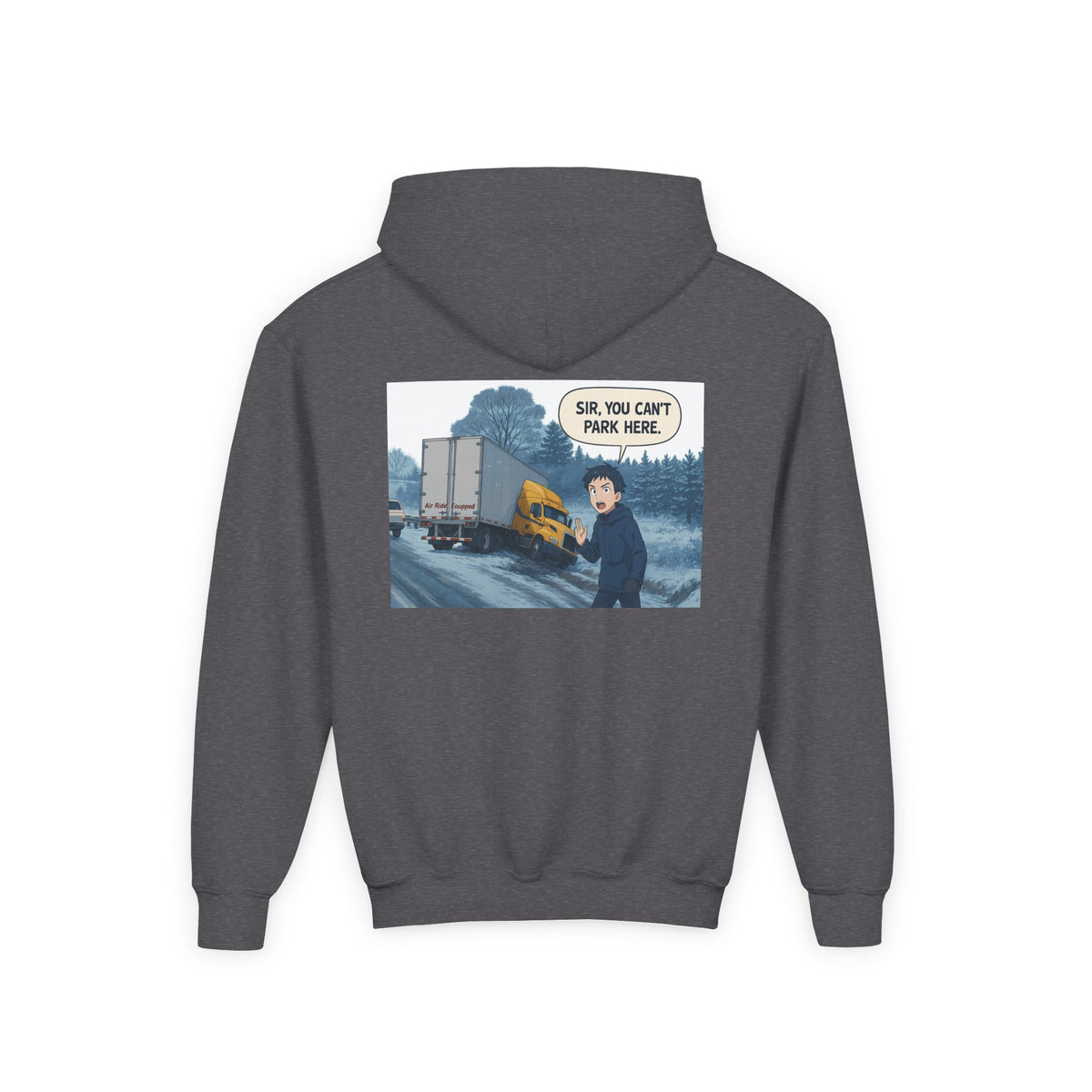 Kids' funny hoodie with truck graphic in Carolina blue, perfect for teens and kids, by Printify, featuring a playful vehicle design.