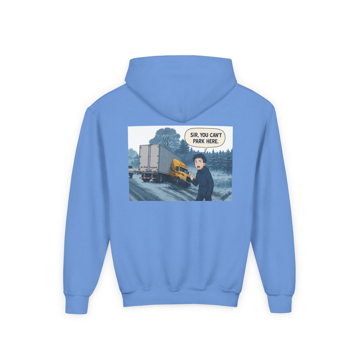 Kids' Carolina blue hoodie by Printify featuring a fun truck graphic, perfect for kids and teens.