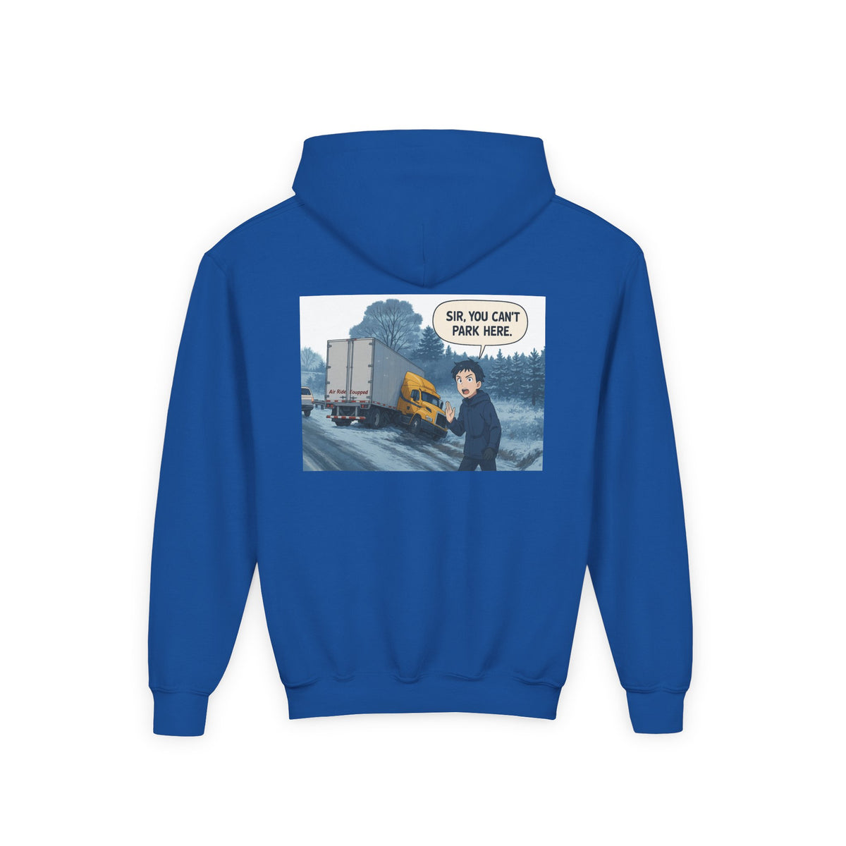 Kids' Carolina blue hoodie by Printify with a fun truck graphic, perfect for kids and teens. Comfortable youth clothing.