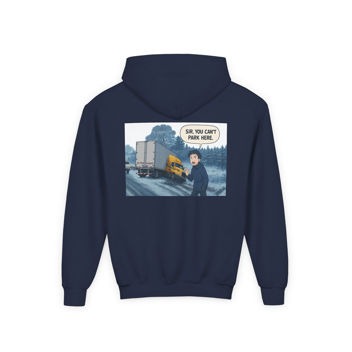 Kids' Carolina blue hoodie by Printify featuring a fun truck graphic, perfect for children and teenagers.