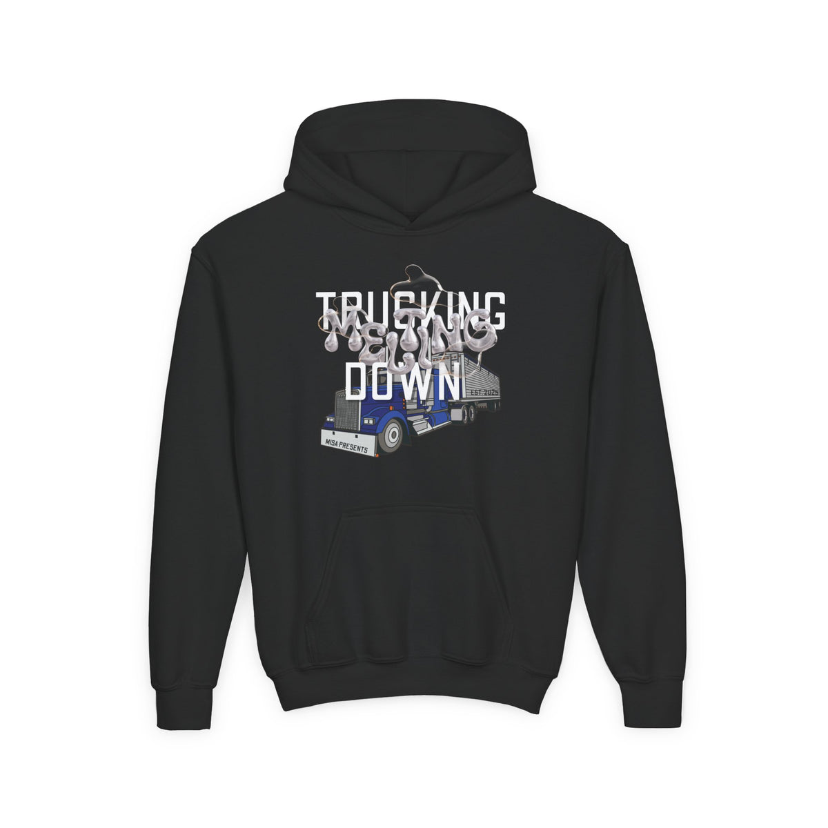 Youth trucking hoodie for kids by Printify, featuring a comfortable Carolina blue design for children of freight professionals and truck drivers.