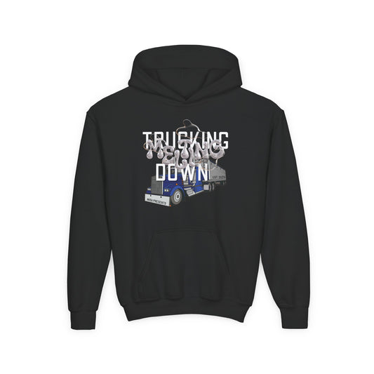 Youth trucking hoodie for kids by Printify, featuring a comfortable Carolina blue design for children of freight professionals and truck drivers.