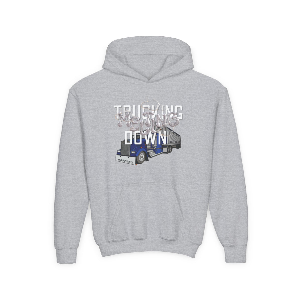 Kids trucking hoodie in Carolina blue by Printify, featuring a comfortable youth truck driver design, perfect for children of freight professionals.
