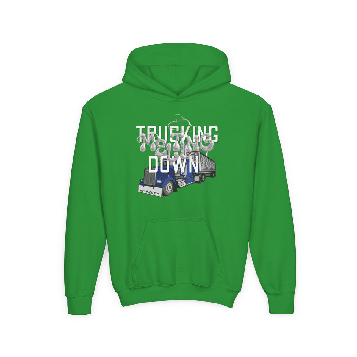 Kids trucking hoodie in Carolina blue by Printify, featuring a comfortable kids' truck driver themed hoodie for young freight professionals.