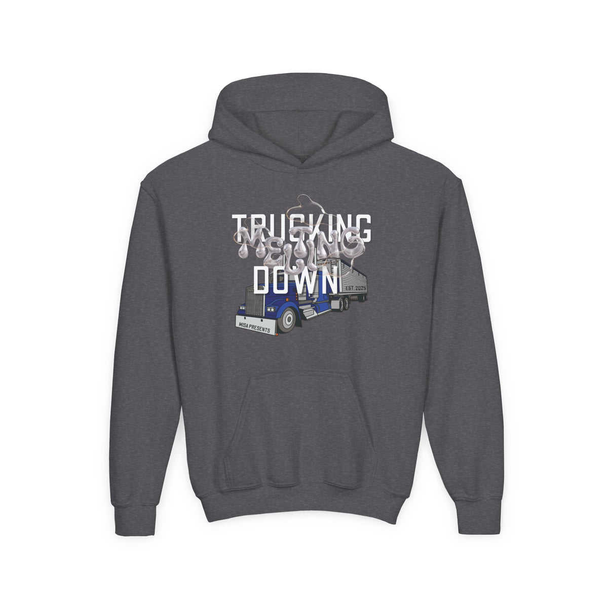 Kids trucking hoodie in Carolina blue by Printify, featuring a comfortable design for children of freight professionals and truck drivers.