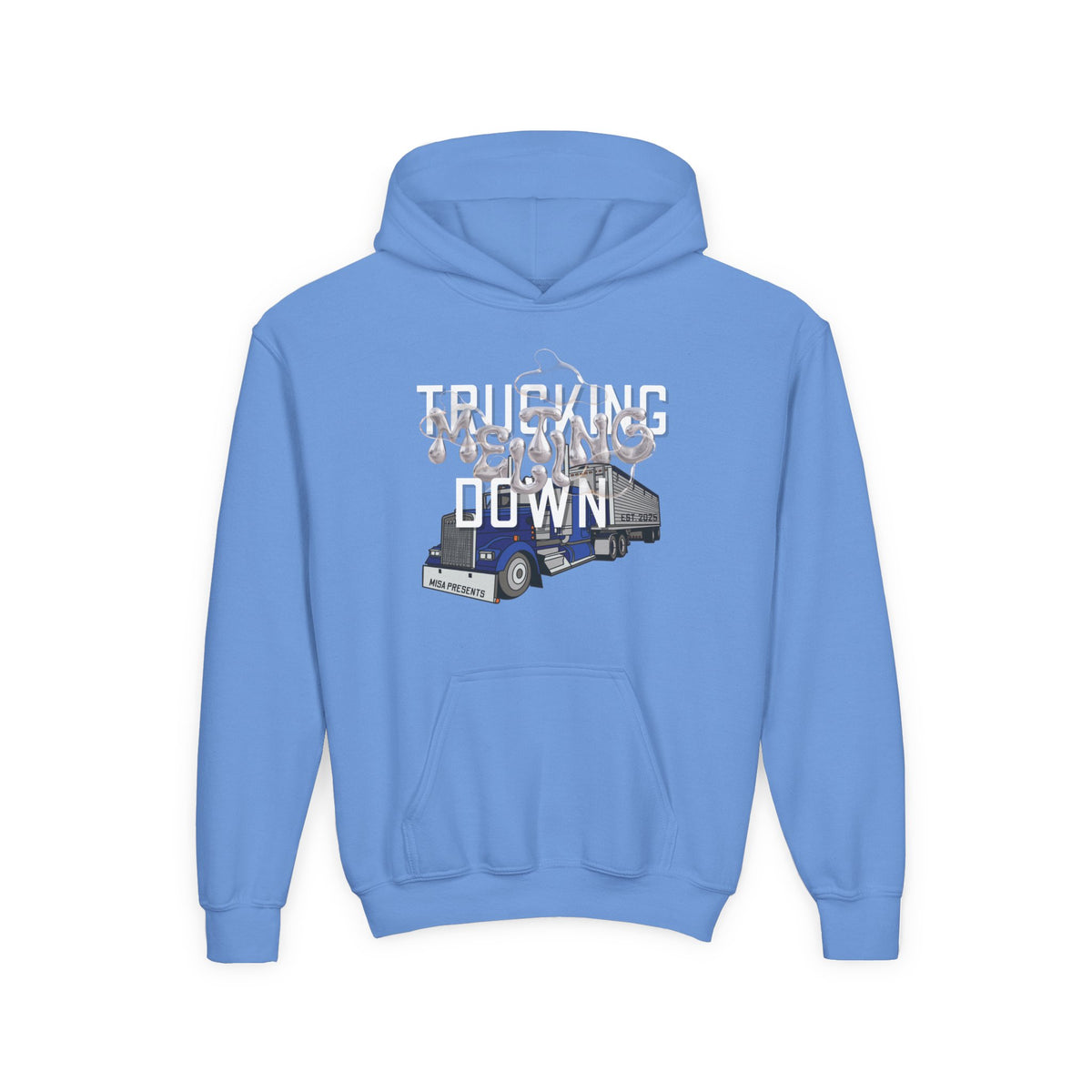 Youth trucking hoodie in Carolina blue for kids, featuring freight professional and truck driver themes, made by Printify.