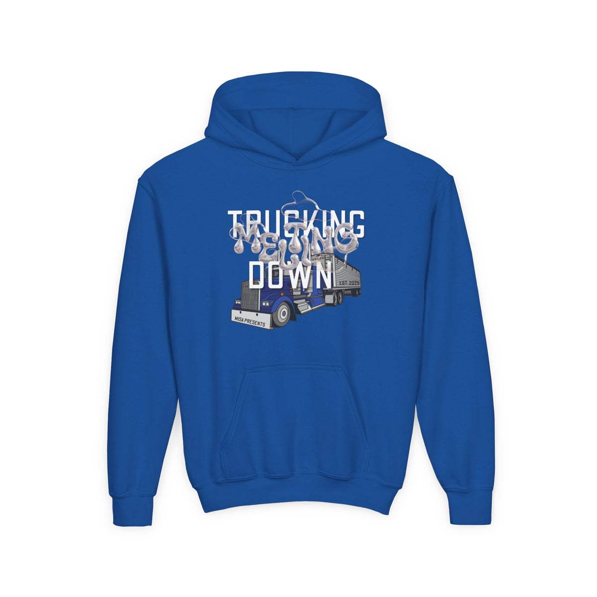 Youth trucking hoodie for kids by Printify, featuring a comfortable Carolina blue hoodie with trucking-themed graphics.