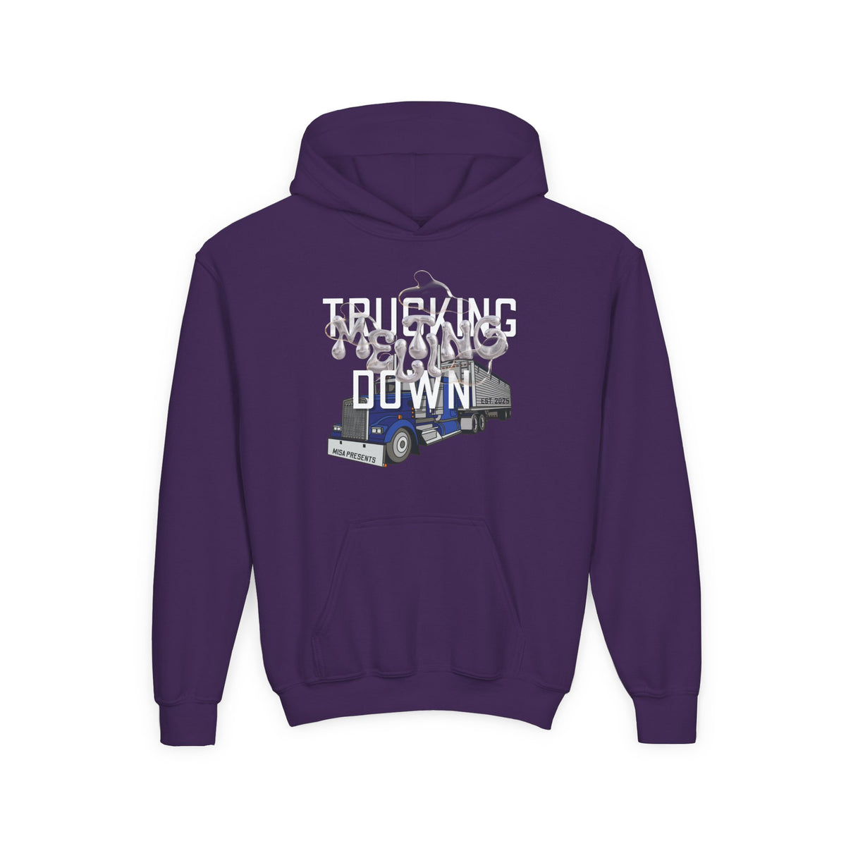 Kids trucking hoodie in Carolina blue by Printify, featuring a comfortable design for children of freight professionals and truck drivers.