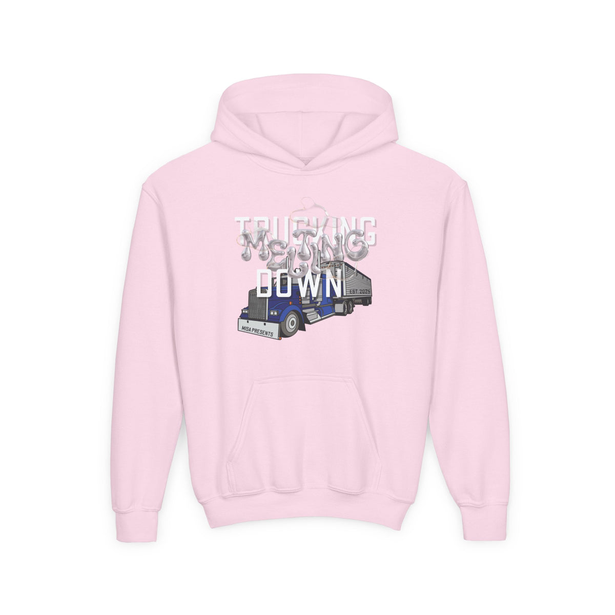 Youth trucking hoodie for kids, in Carolina blue, featuring a freight professional and truck driver theme, from Printify.