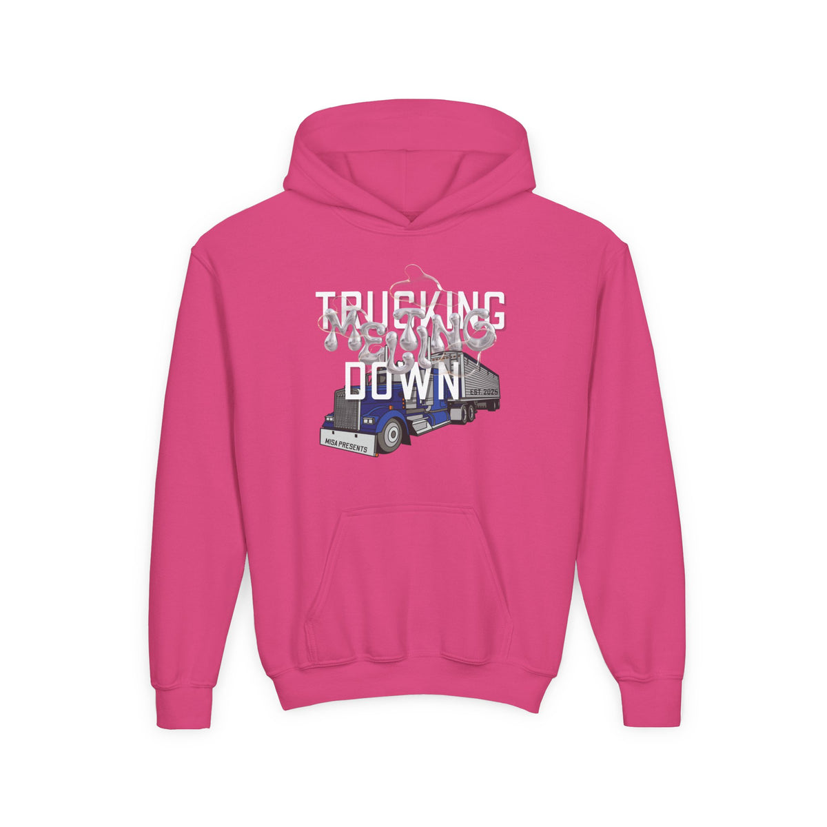 Youth trucking hoodie by Printify in Carolina blue, featuring a comfortable kids' sweatshirt for children of freight professionals.