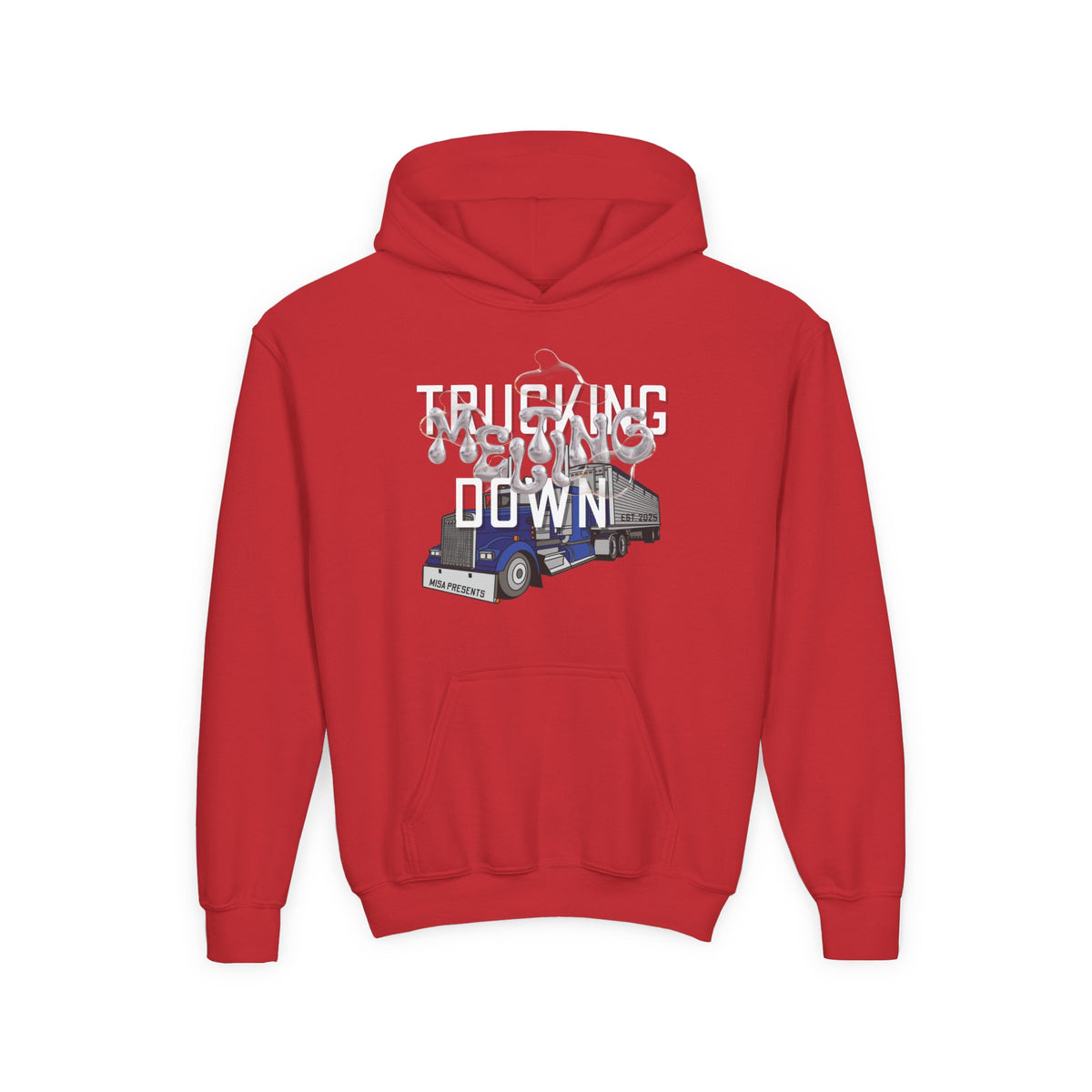 Youth trucking hoodie for kids in Carolina blue, featuring freight professional and truck driver themes, by Printify.