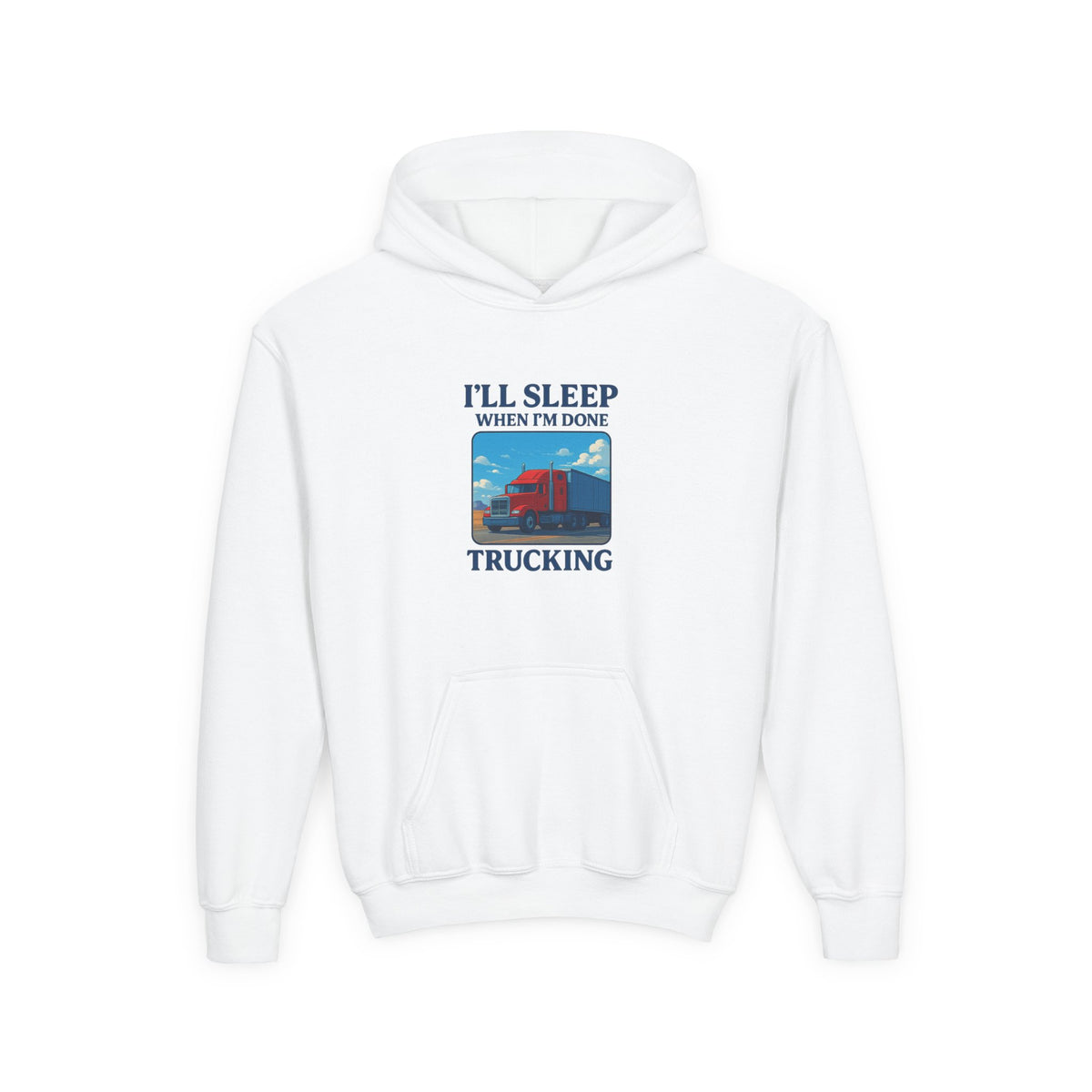 Youth trucking humor hoodie in Carolina blue with "I'll Sleep When I'm Done" print, designed for kids by Printify.