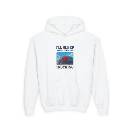 Youth trucking humor hoodie in Carolina blue with "I'll Sleep When I'm Done" print, designed for kids by Printify.
