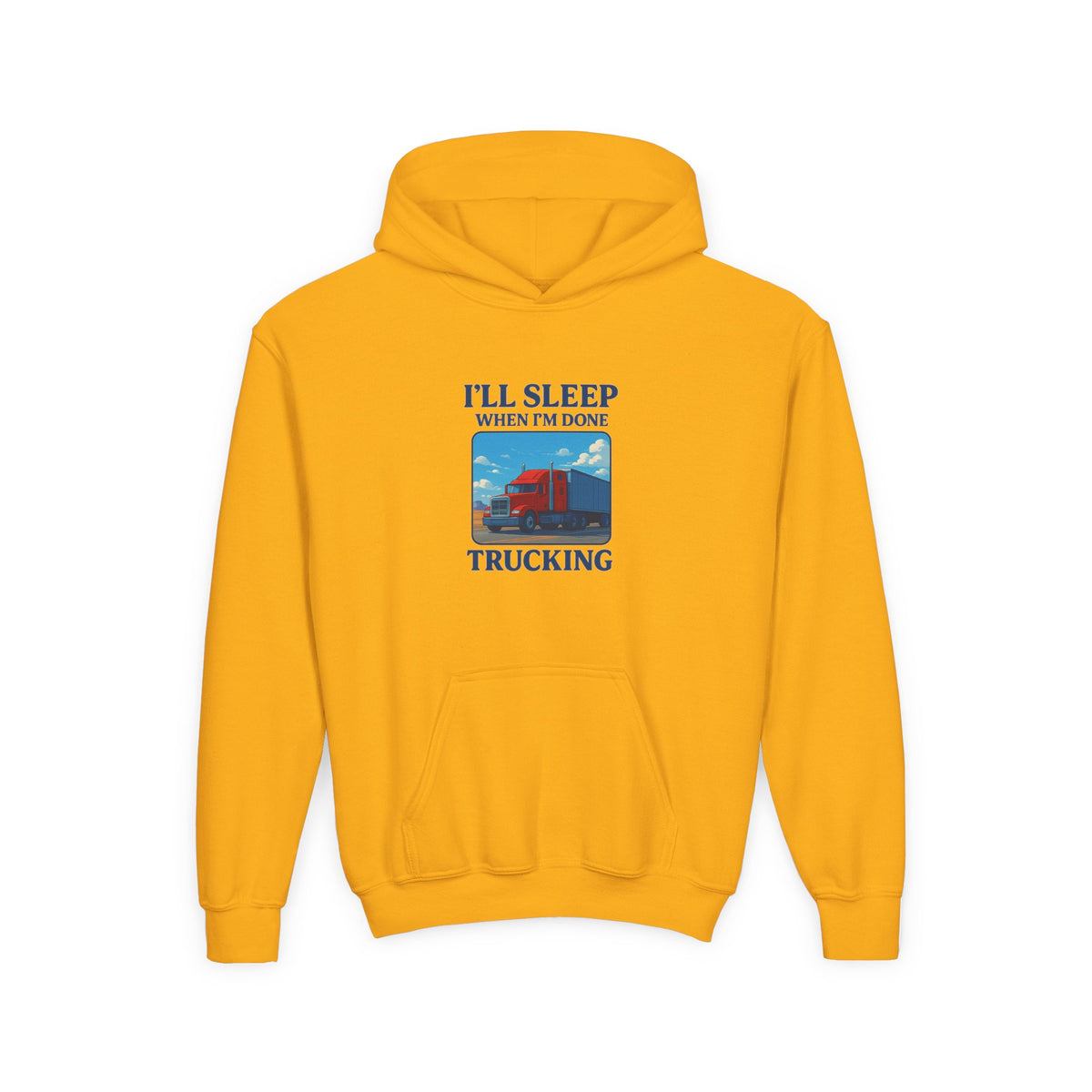 Kids trucking humor hoodie in Carolina blue with "I'll Sleep When I'm Done" slogan, casual kids' clothing by Printify.