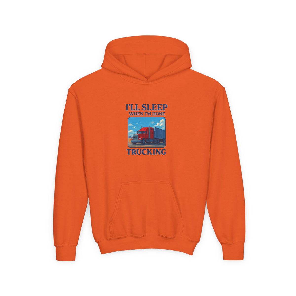 Kids trucking humor hoodie in Carolina blue with "I'll Sleep When I'm Done" slogan, made by Printify, perfect for youth casual wear.