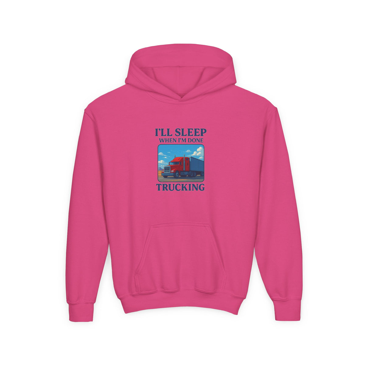 Kids trucking humor hoodie in Carolina blue with "I'll Sleep When I'm Done" slogan, made by Printify for youth clothing.