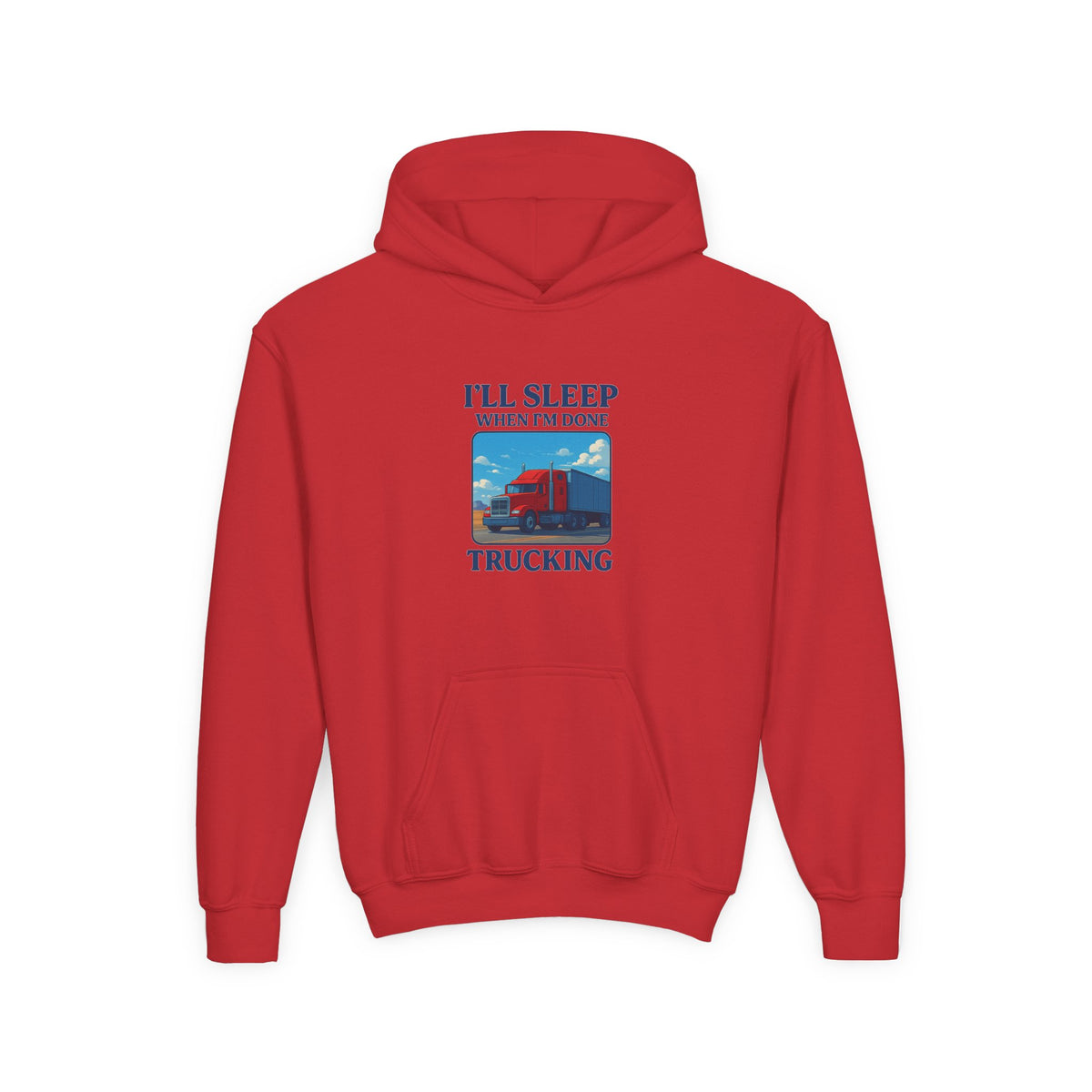 Kids' trucking humor hoodie in Carolina blue with "I'll Sleep When I'm Done" print, from Printify kids clothes collection.