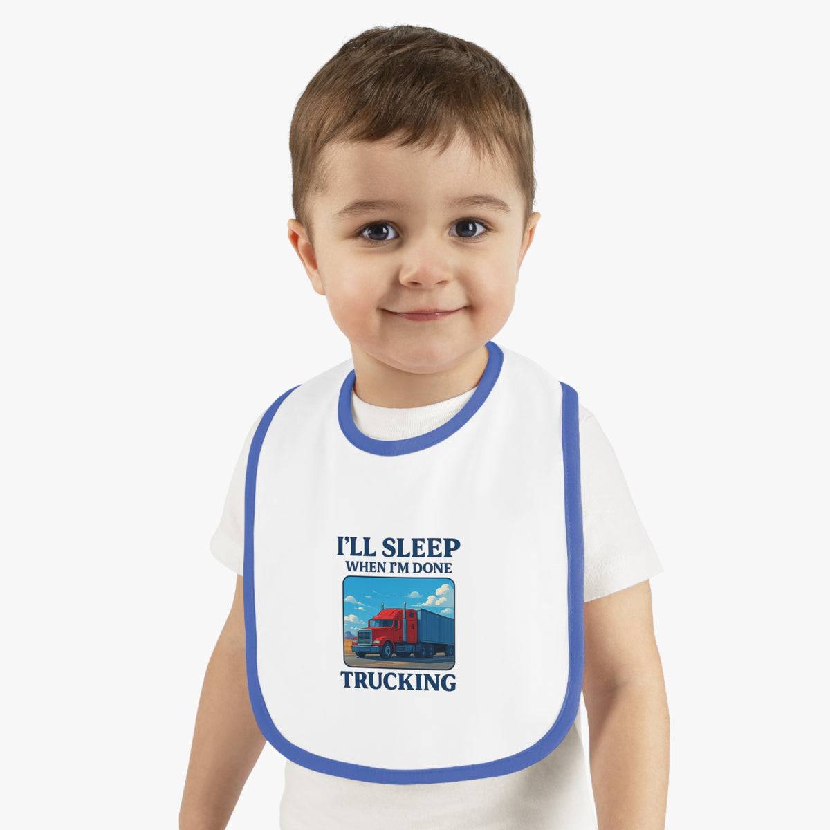 Funny trucking baby bib from Printify featuring humorous "I'll Sleep When I'm Done" text, in black and white, one size for kids.