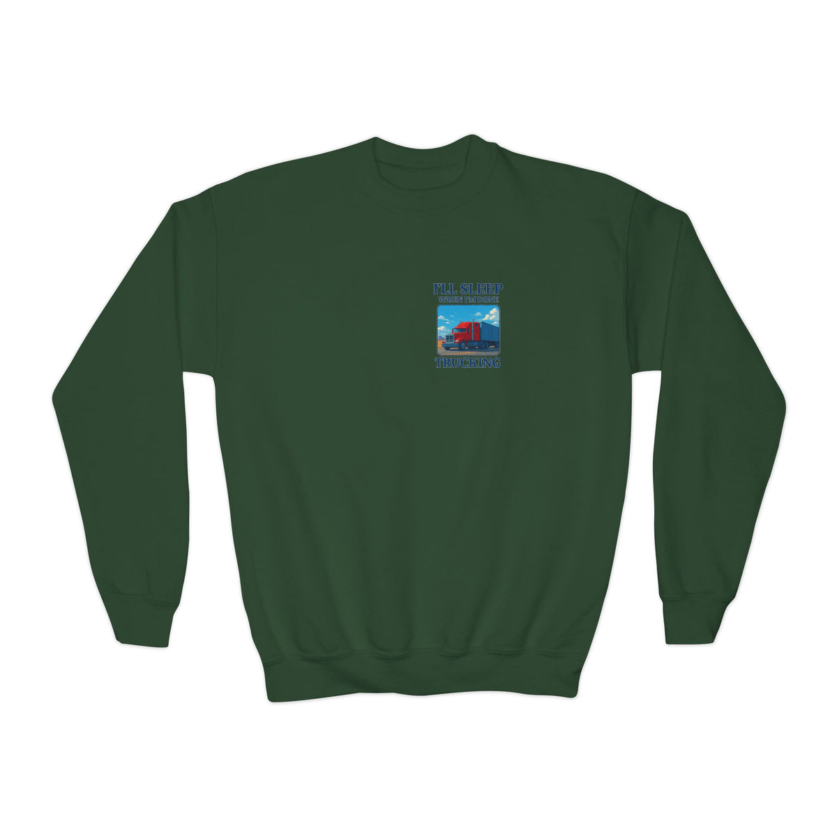 White youth crewneck sweatshirt by Printify with "I'll Sleep When I'm Done Trucking" print, perfect for kids' casual wear.