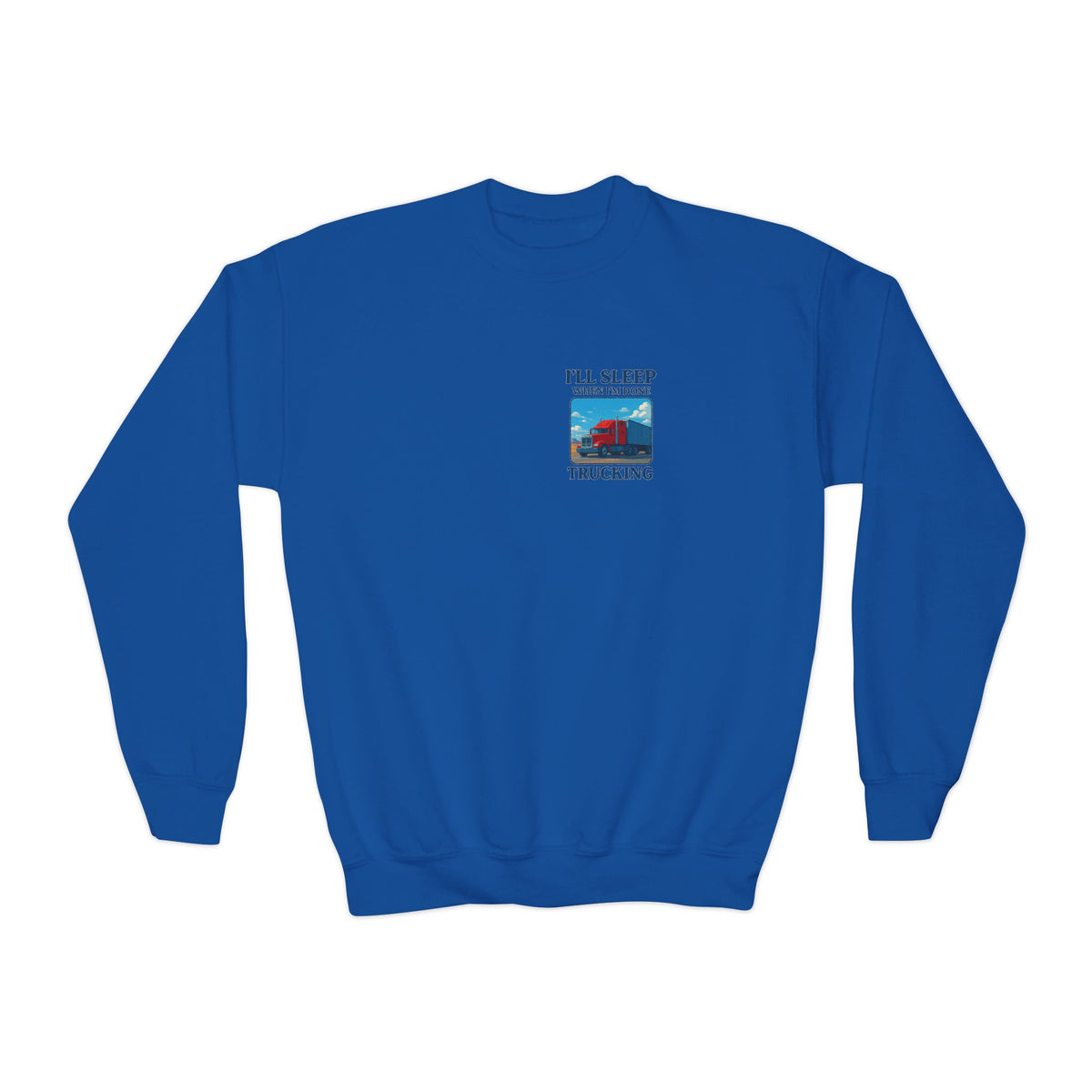 White youth crewneck sweatshirt from Printify with "I'll Sleep When I'm Done Trucking" print, perfect for kids' casual wear.