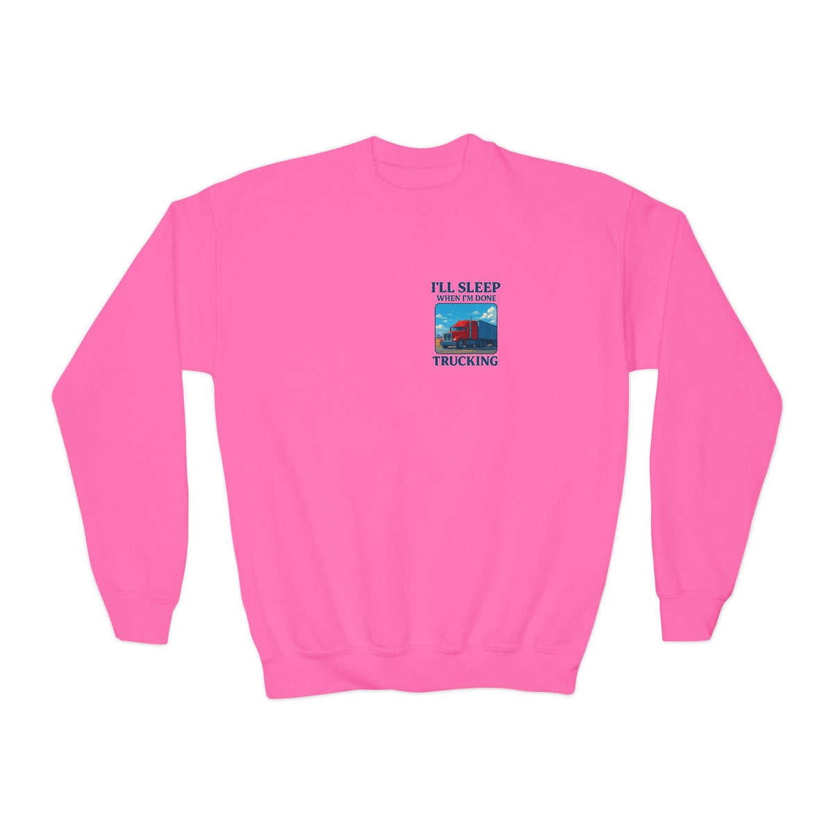 White youth crewneck sweatshirt from Printify with "I'll Sleep When I'm Done Trucking" print, perfect for kids' casual wear.