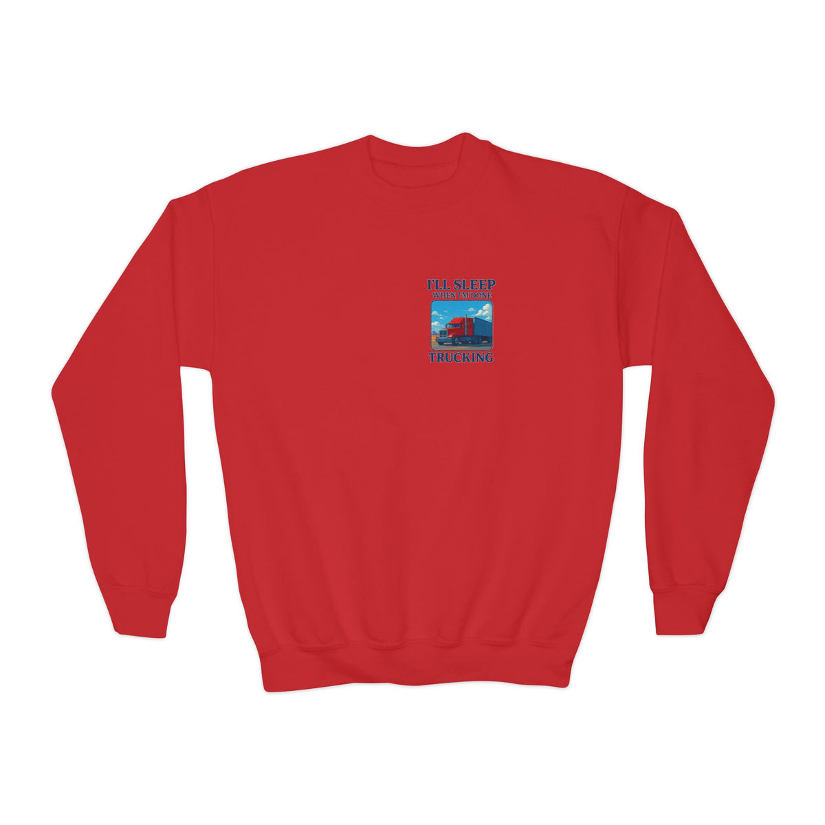 White youth crewneck sweatshirt by Printify featuring "I'll Sleep When I'm Done Trucking" graphic for kids' casual wear.