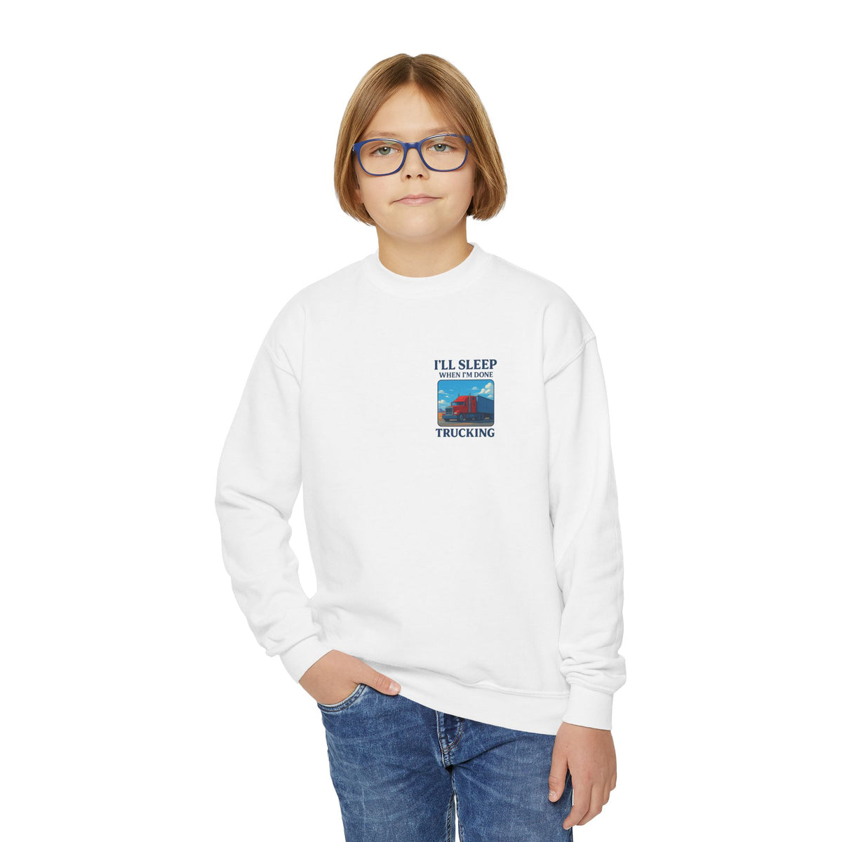 White youth crewneck sweatshirt from Printify featuring "I'll Sleep When I'm Done Trucking" slogan, designed for kids' casual wear.