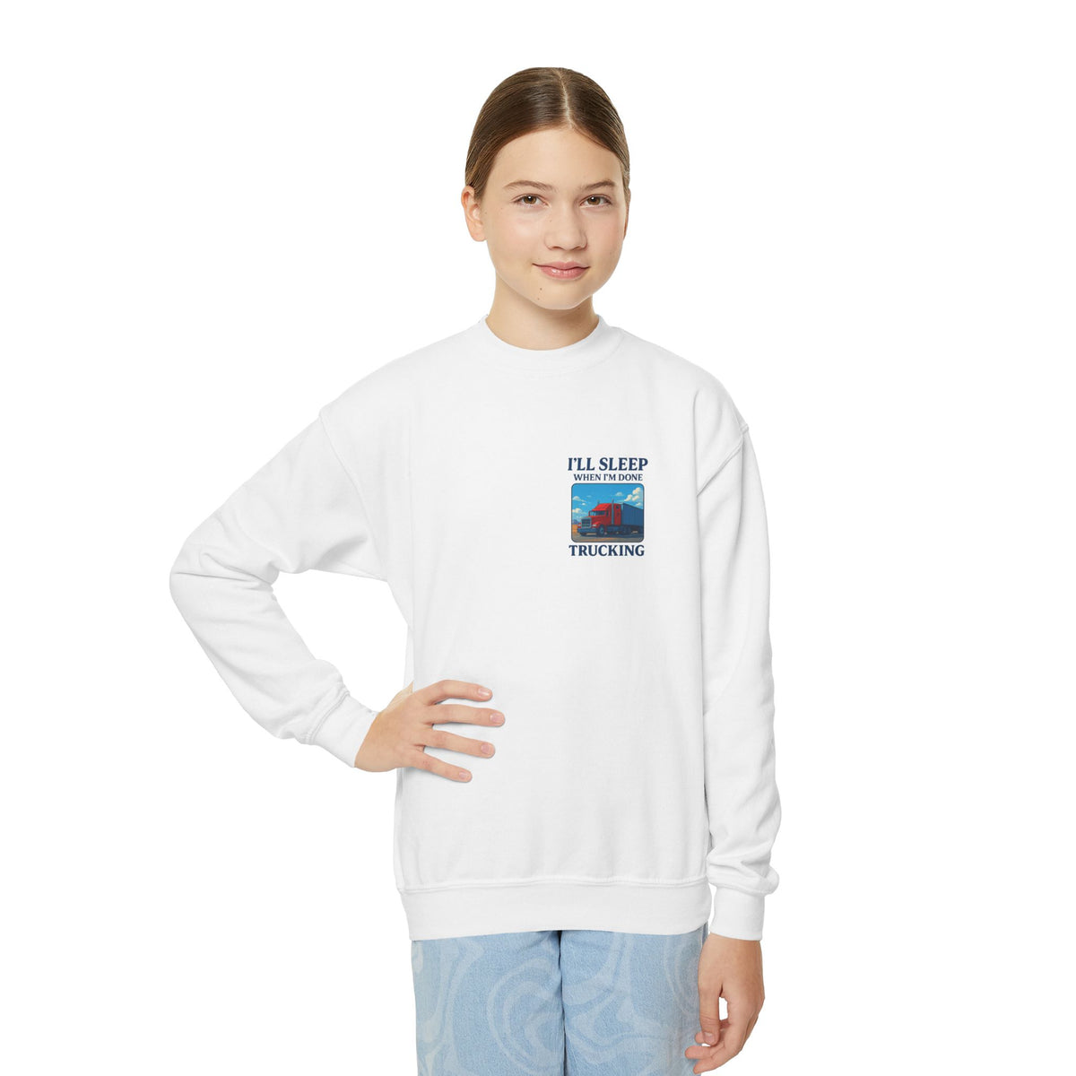 White youth crewneck sweatshirt by Printify featuring the phrase "I'll Sleep When I'm Done Trucking" for kids.