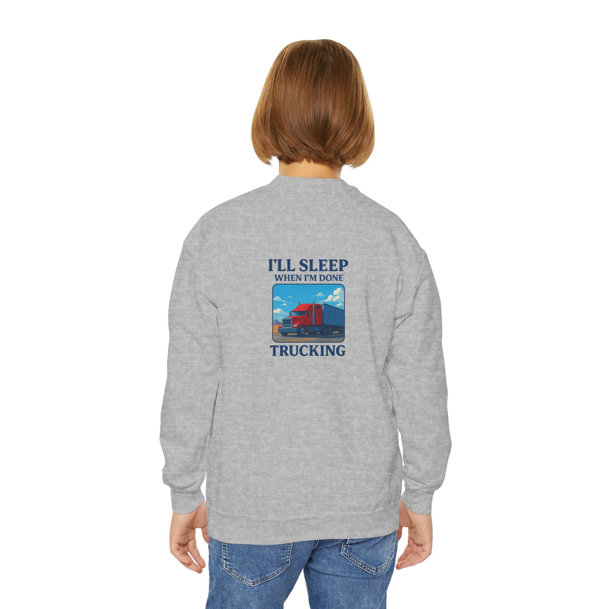 White youth crewneck sweatshirt by Printify featuring the phrase "I'll Sleep When I'm Done Trucking" for kids.