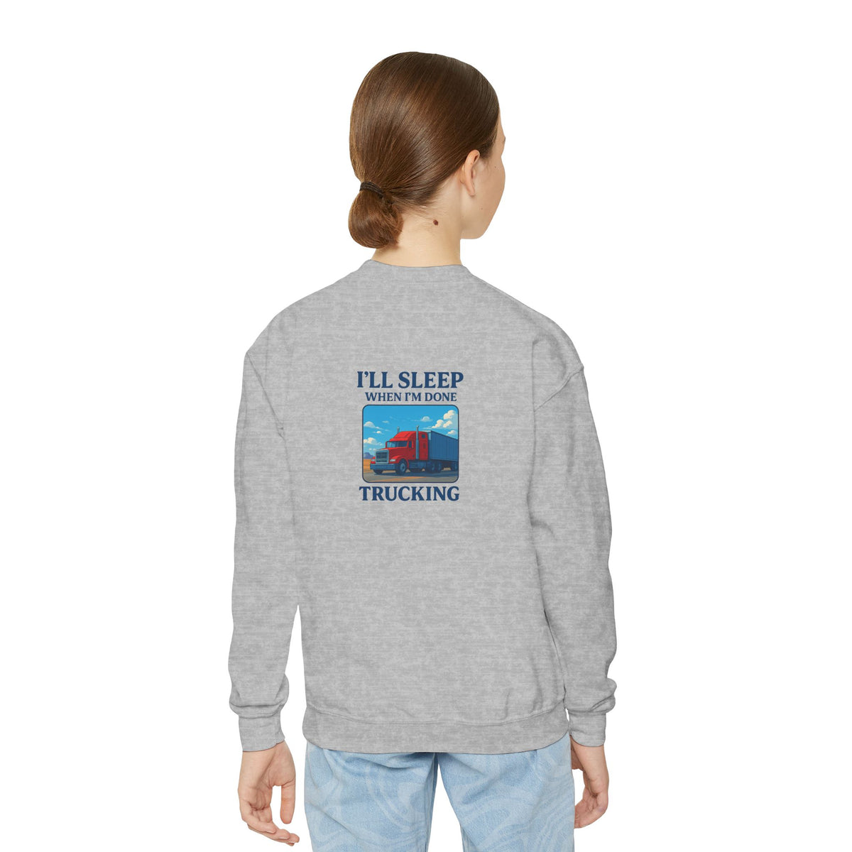 White youth crewneck sweatshirt with "I'll Sleep When I'm Done Trucking" print, designed for kids by Printify.
