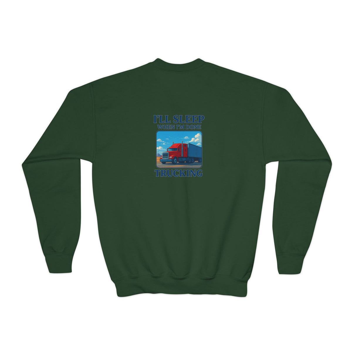White youth crewneck sweatshirt by Printify with "I'll Sleep When I'm Done Trucking" print, perfect for kids' casual wear.