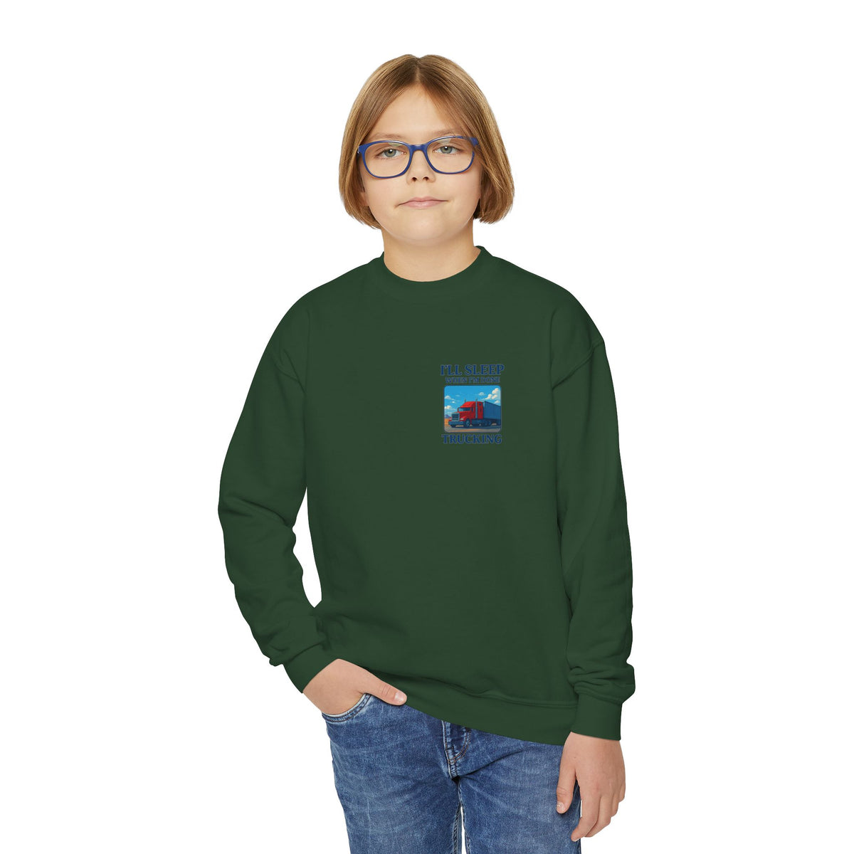 White youth crewneck sweatshirt from Printify featuring the "I'll Sleep When I'm Done Trucking" design, perfect for kids' casual wear.