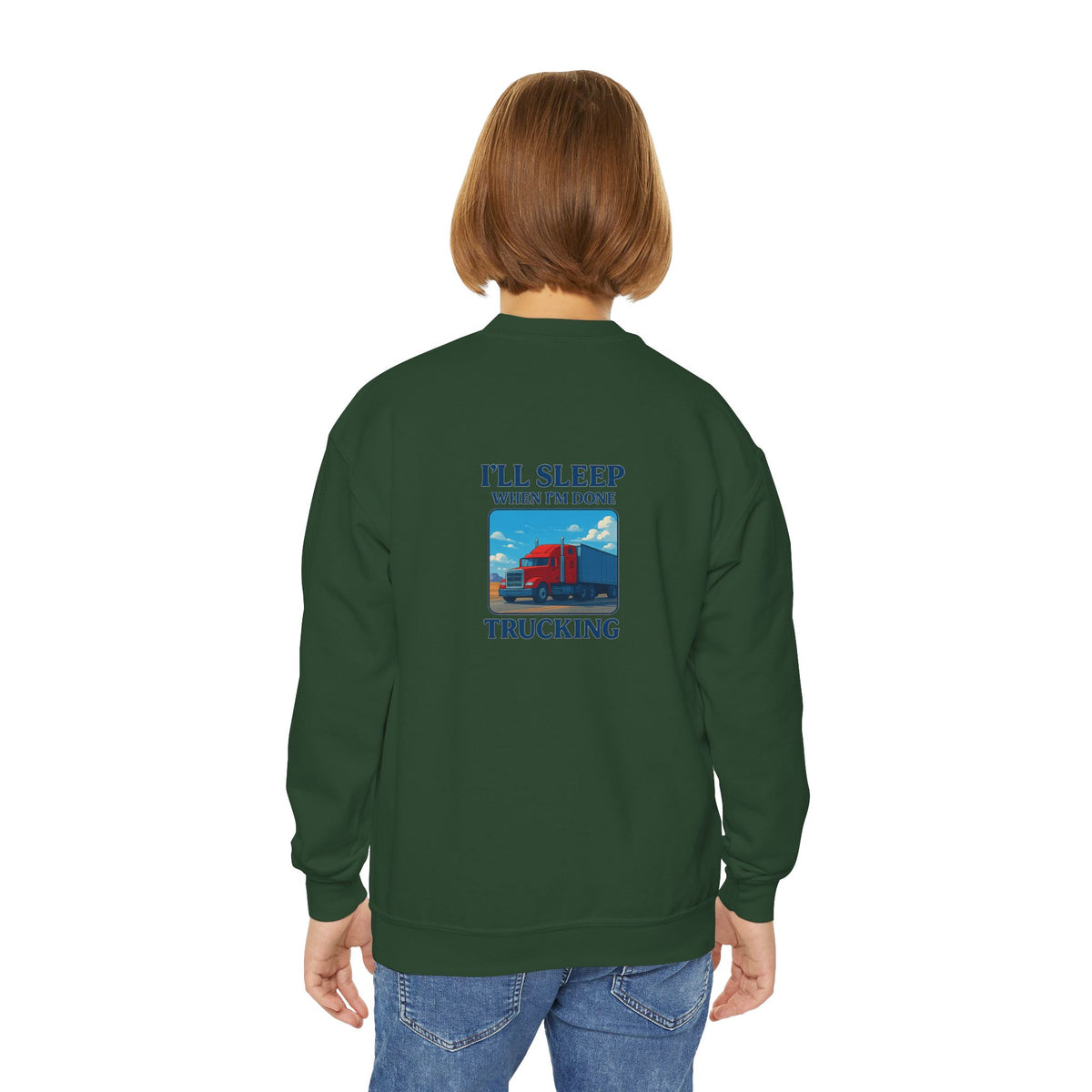 White youth crewneck sweatshirt featuring the "I'll Sleep When I'm Done Trucking" print, designed for kids by Printify.