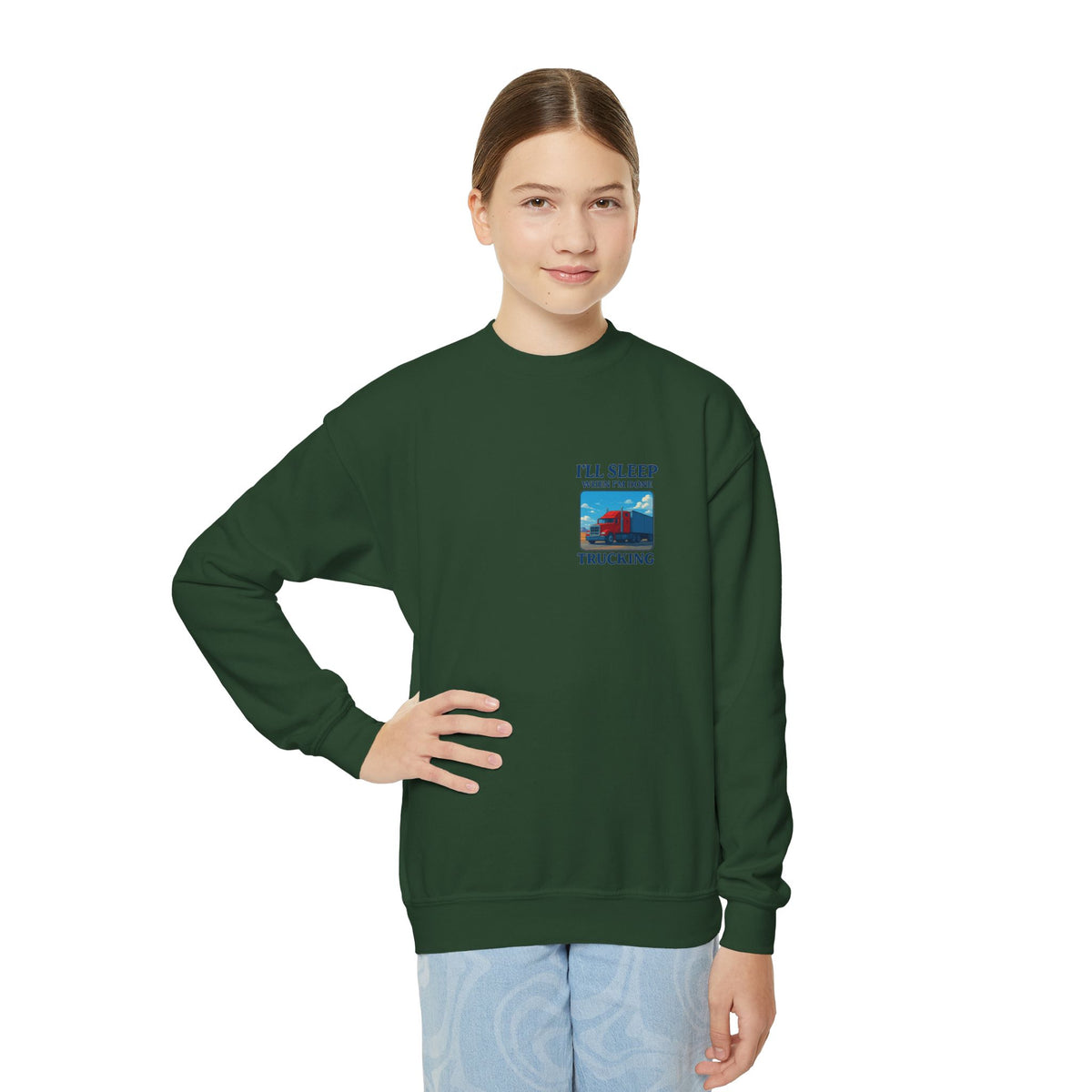 White youth crewneck sweatshirt with "I'll Sleep When I'm Done Trucking" print, designed for kids by Printify.