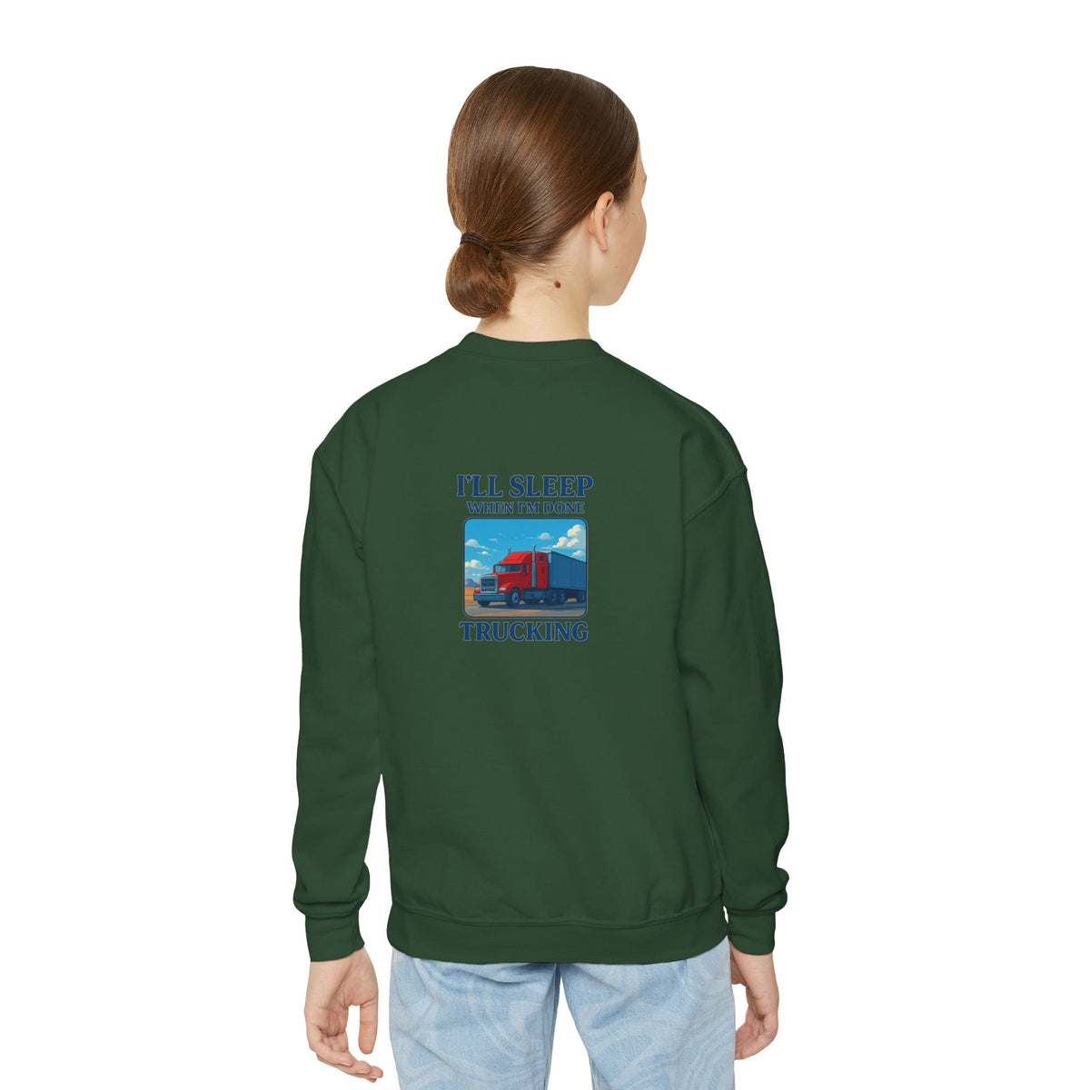 White youth crewneck sweatshirt with "I'll Sleep When I'm Done Trucking" print, designed for kids by Printify.