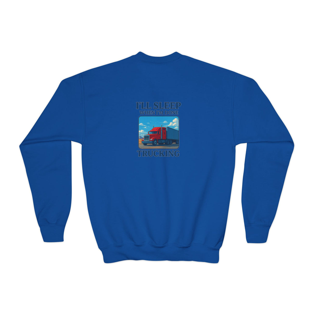 White youth crewneck sweatshirt by Printify with "I'll Sleep When I'm Done Trucking" graphic, perfect for kids' casual wear.