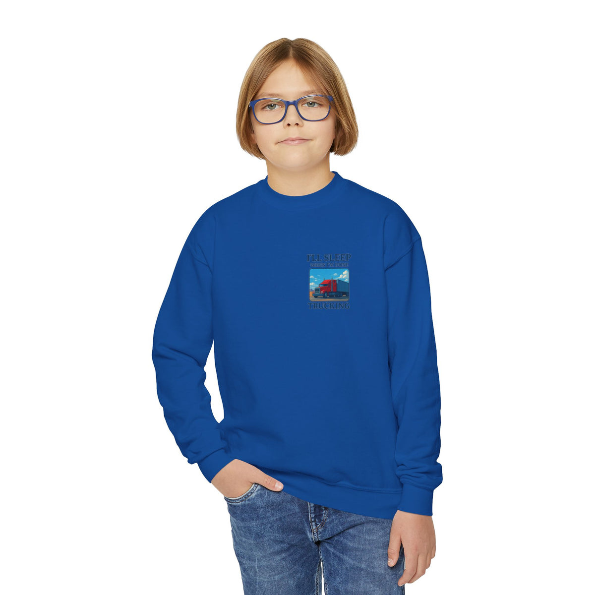 White youth crewneck sweatshirt from Printify with "I'll Sleep When I'm Done Trucking" graphic, perfect for kids' casual wear.