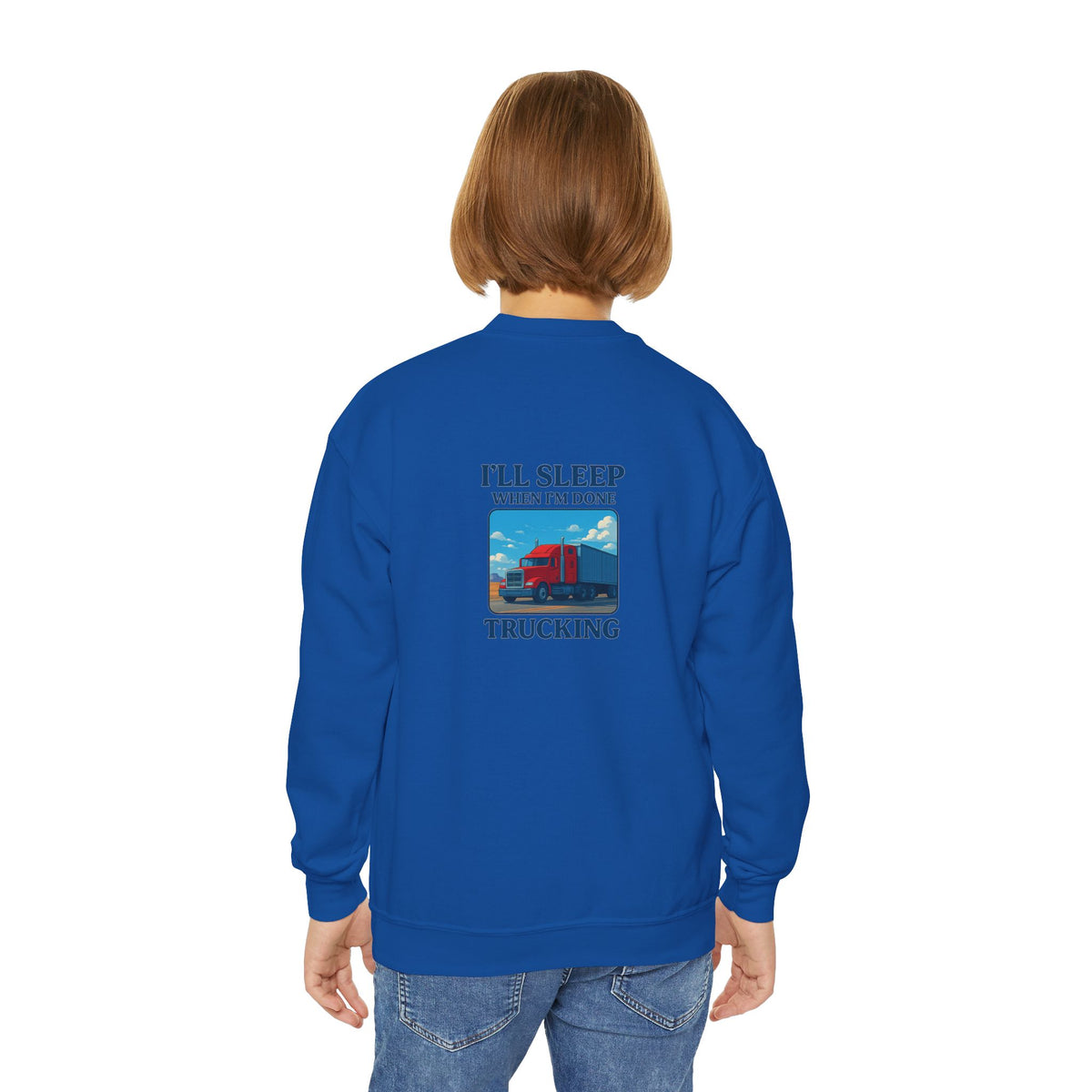 White youth crewneck sweatshirt from Printify featuring the "I'll Sleep When I'm Done Trucking" graphic for kids.