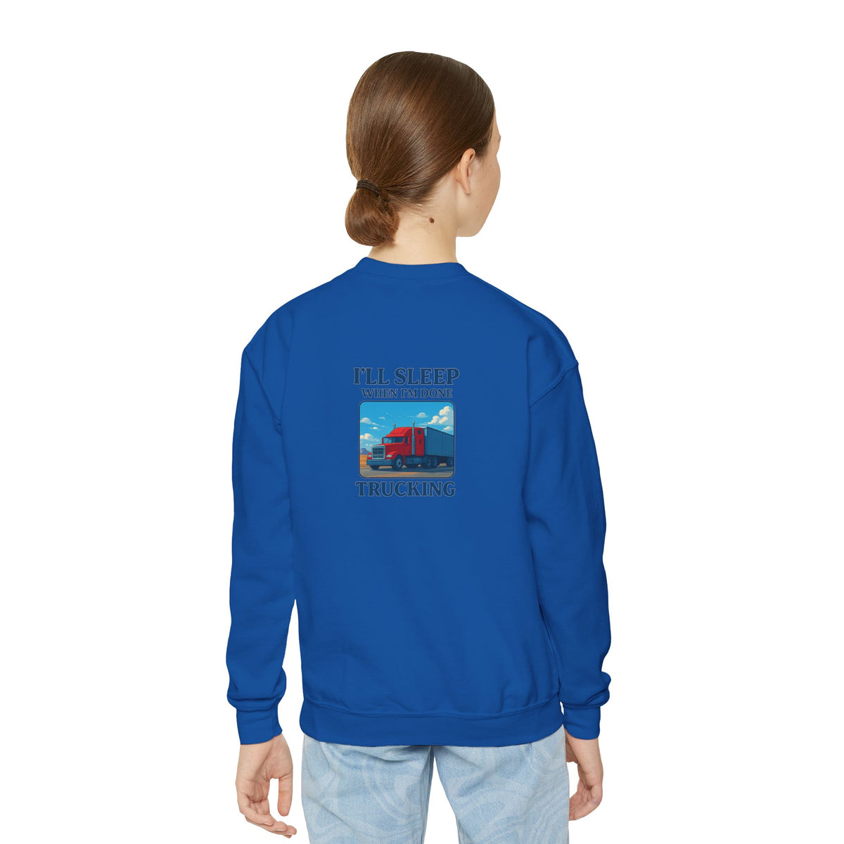 White youth crewneck sweatshirt from Printify with "I'll Sleep When I'm Done Trucking" graphic, designed for kids' casual wear.