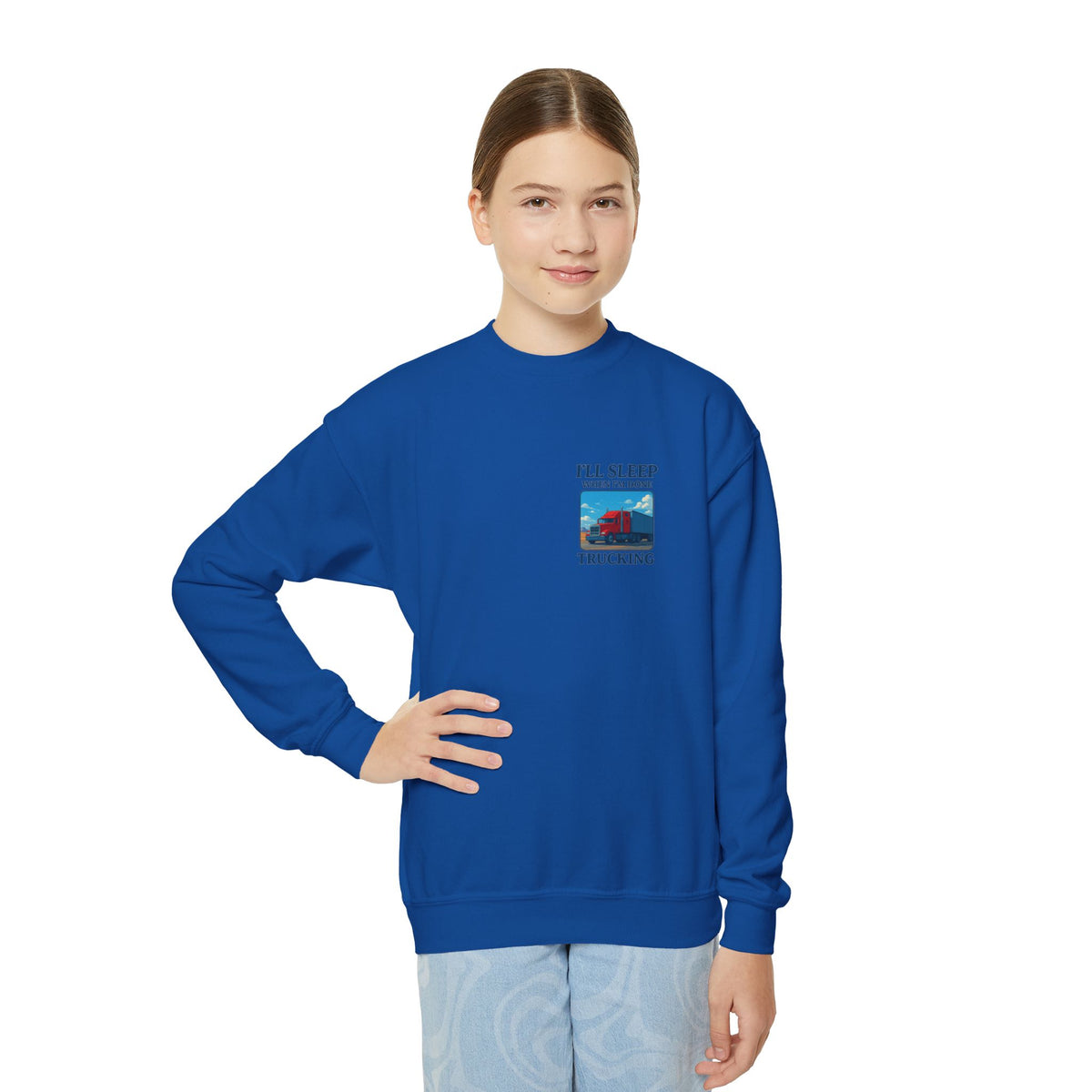 White youth crewneck sweatshirt from Printify featuring the "I'll Sleep When I'm Done Trucking" print, perfect for kids' casual wear.