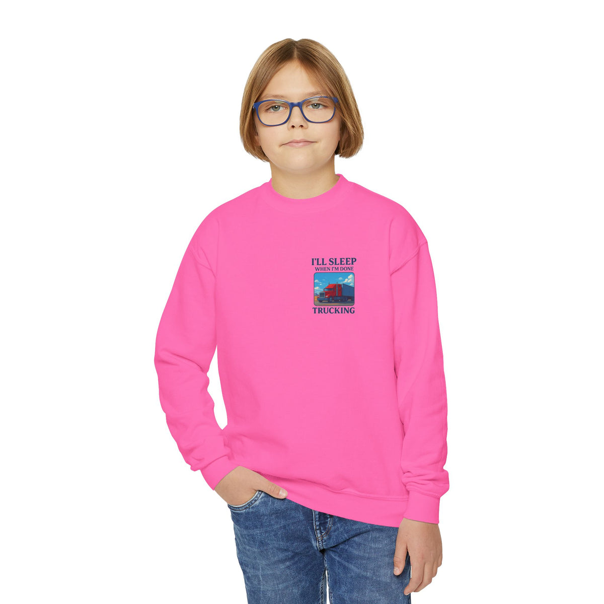 White youth crewneck sweatshirt from Printify with "I'll Sleep When I'm Done Trucking" print, designed for kids' casual wear.