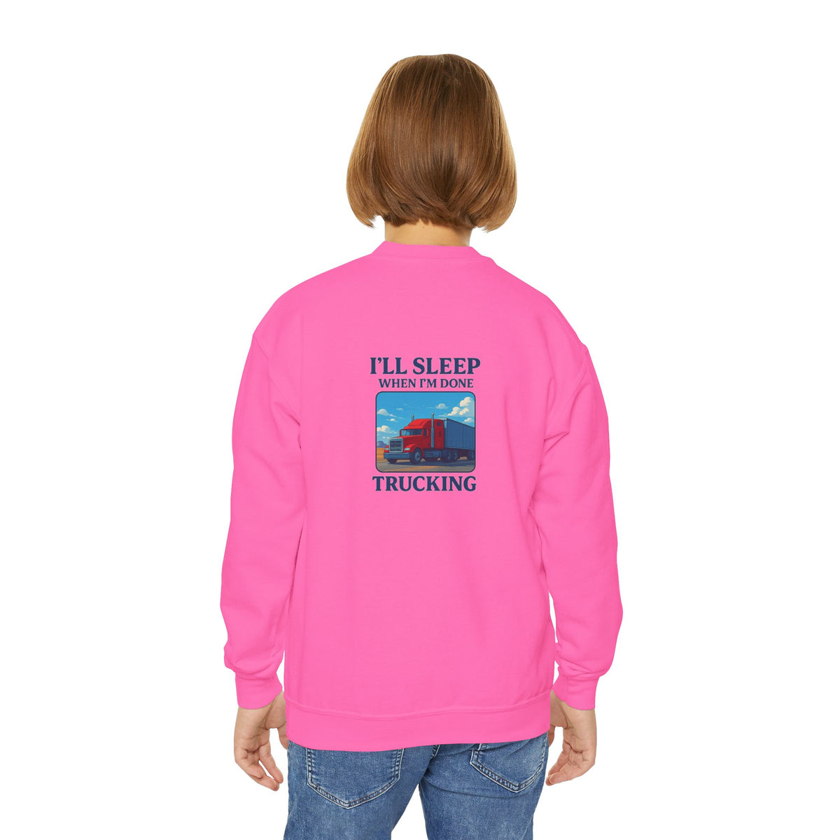 White youth crewneck sweatshirt by Printify with "I'll Sleep When I'm Done Trucking" graphic, ideal for kids' casual wear.