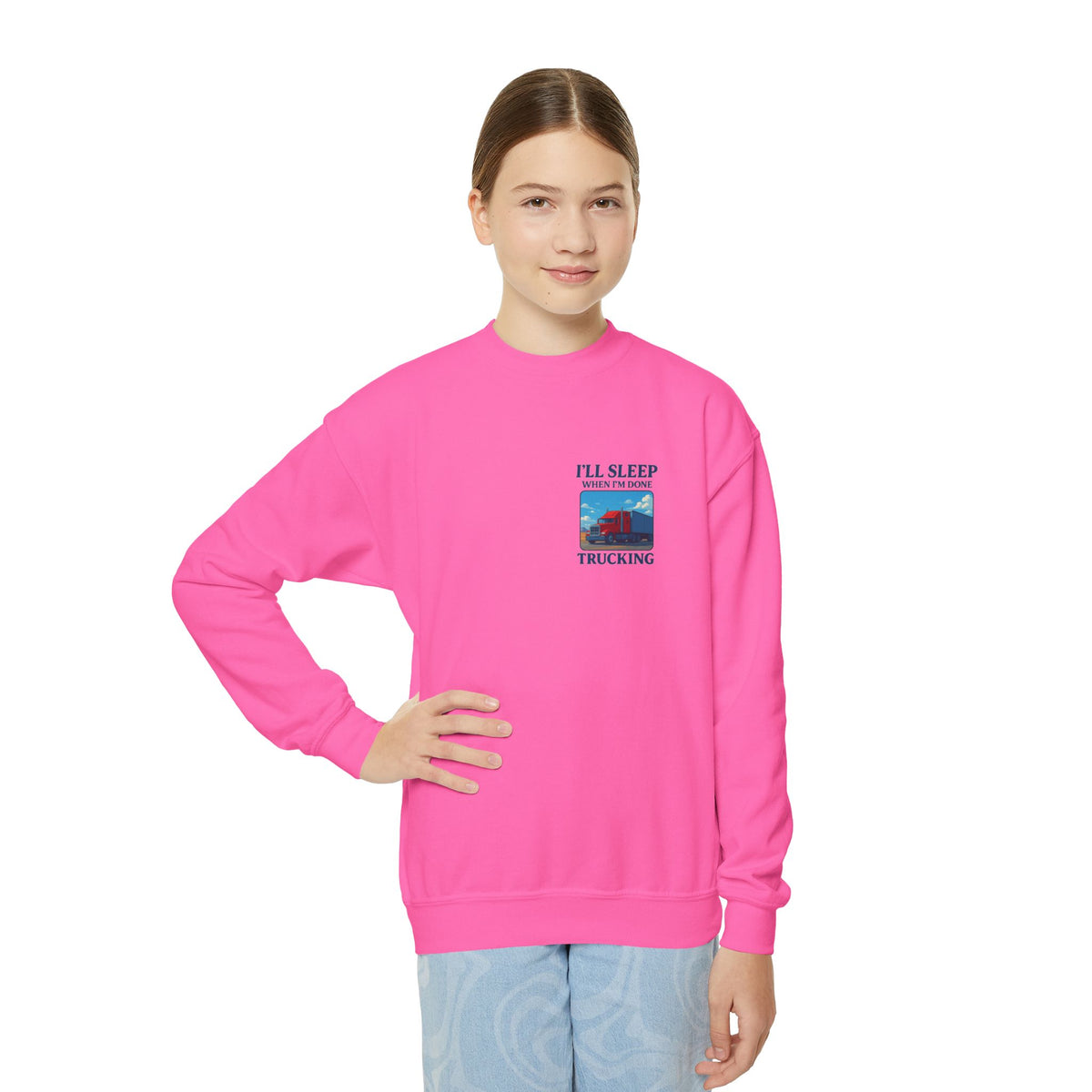 White youth crewneck sweatshirt by Printify with "I'll Sleep When I'm Done Trucking" graphic, designed for kids' casual wear.