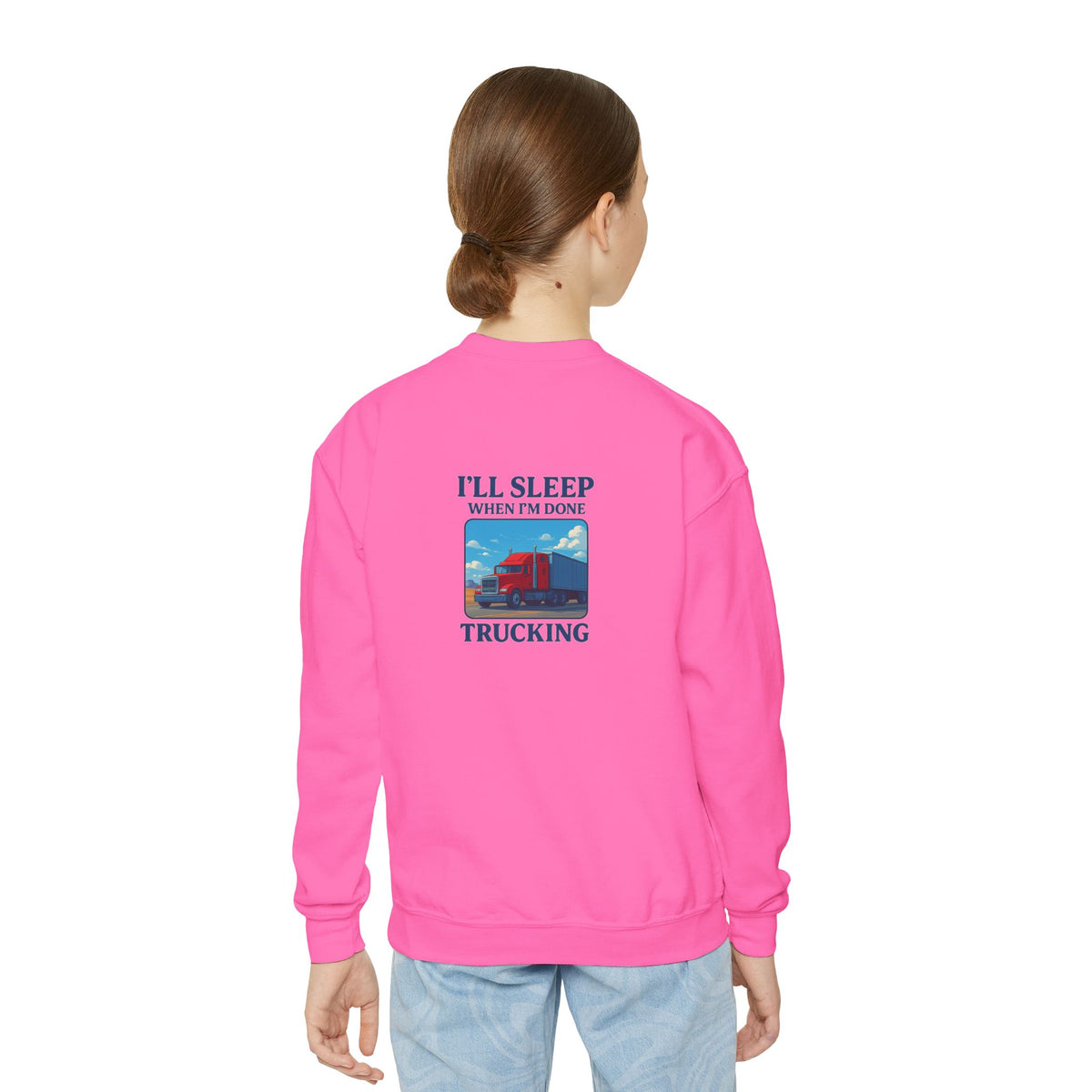 White youth crewneck sweatshirt by Printify with "I'll Sleep When I'm Done Trucking" slogan, designed for kids.