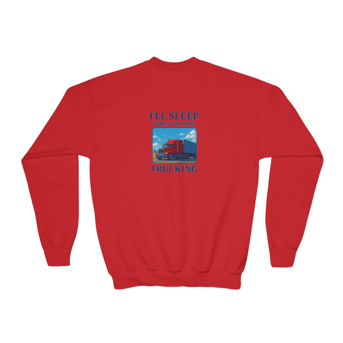 White youth crewneck sweatshirt with "I'll Sleep When I'm Done Trucking" print, made by Printify, for kids' casual wear.