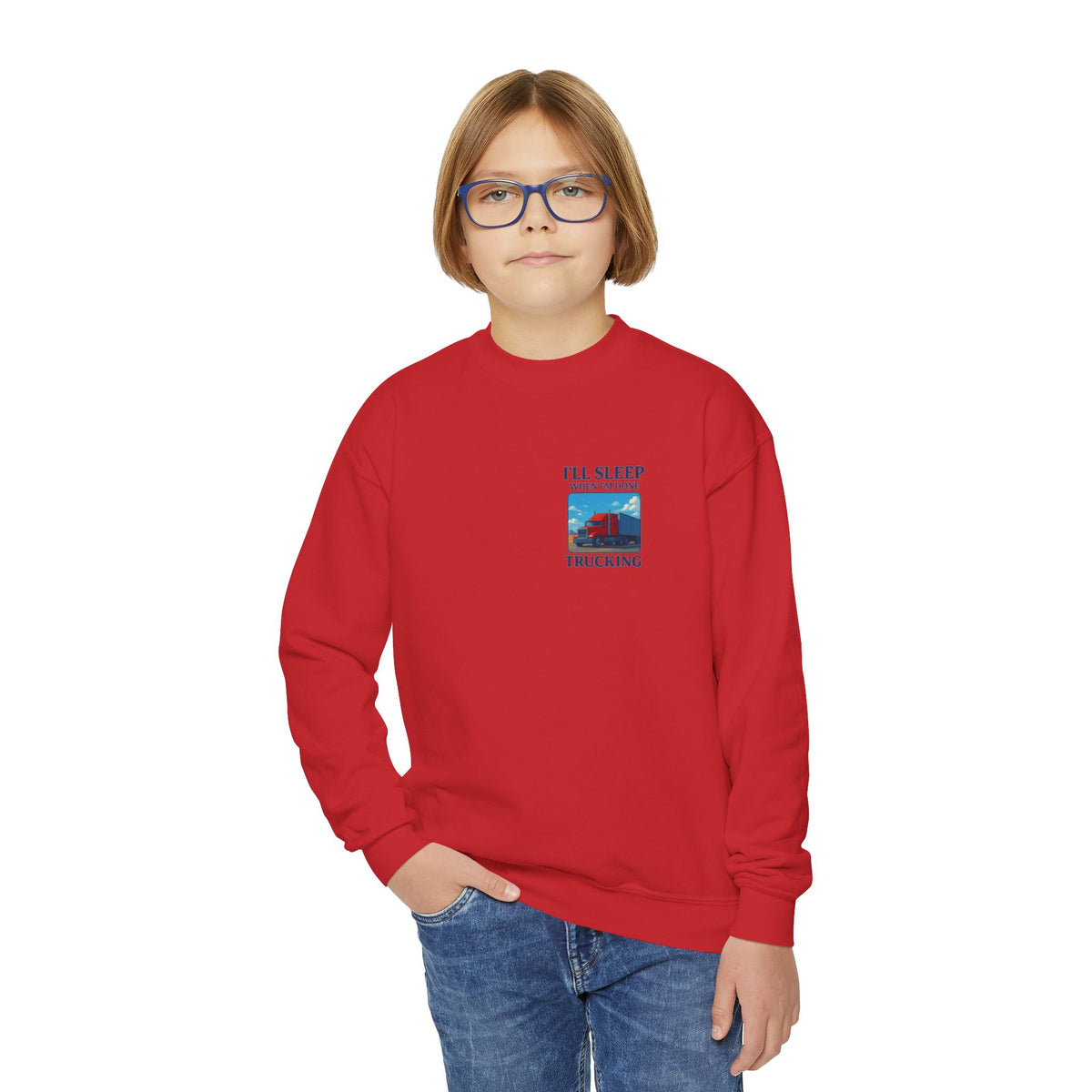 White youth crewneck sweatshirt from Printify featuring the slogan "I'll Sleep When I'm Done Trucking," casual kids' clothing.